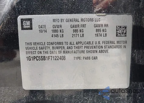 2015 Chevrolet Cruze 1Lt Auto из США, поврежденный, VIN 1G1PC5SB1F7122408